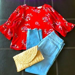 Gorgeous Red Floral Ruffle Sleeve Top